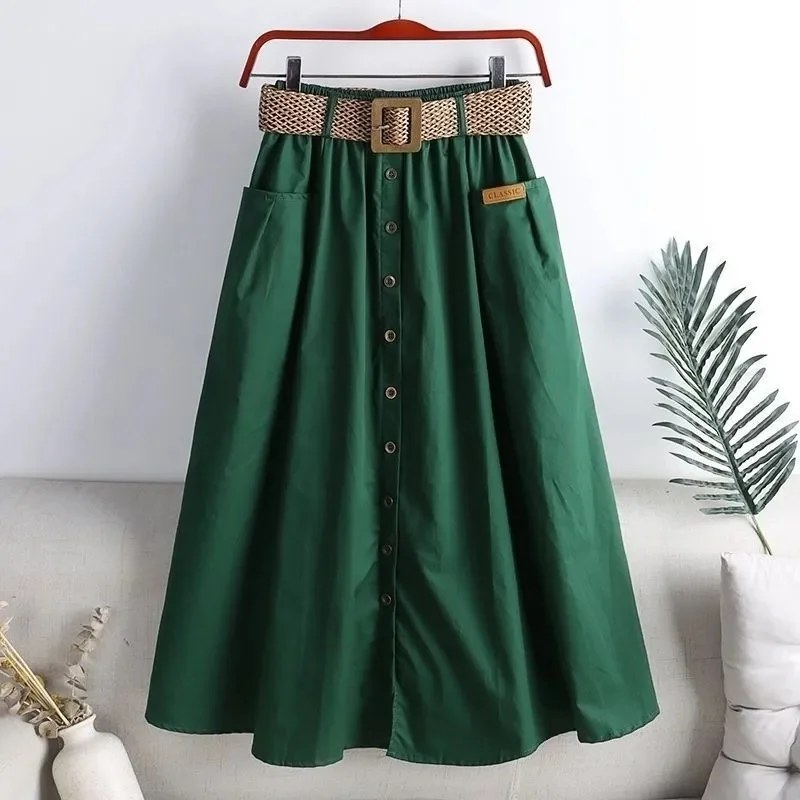 

2024 Women's Washed Cotton Skirt Summer Vintage Single-breasted Elastic-waist Pocket Belt Skirts Lady Solid Long A-line Skirts