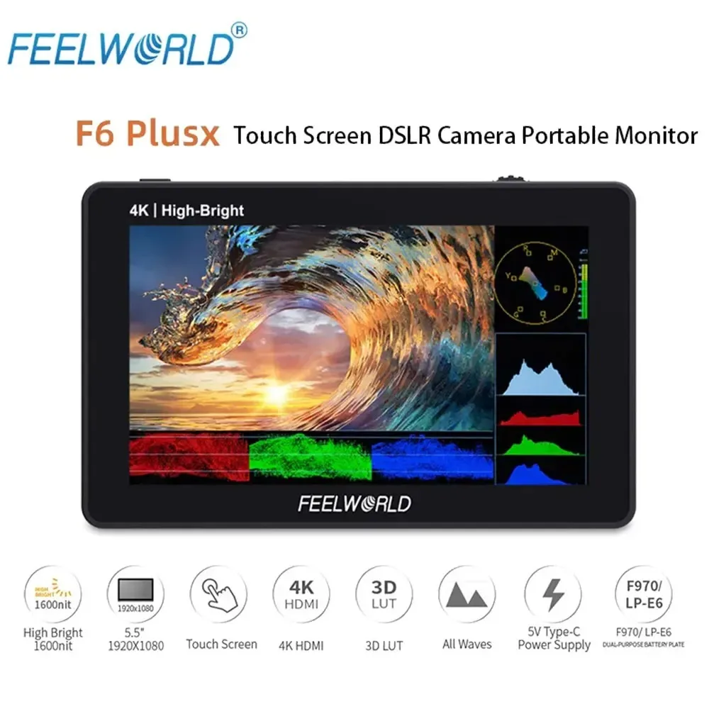 

Feelworld F6 PLUSX 5.5 Inch 1600nit Touch Screen Camera Field Monitor HDMI3D LUT IPS Full HD 1920X1080