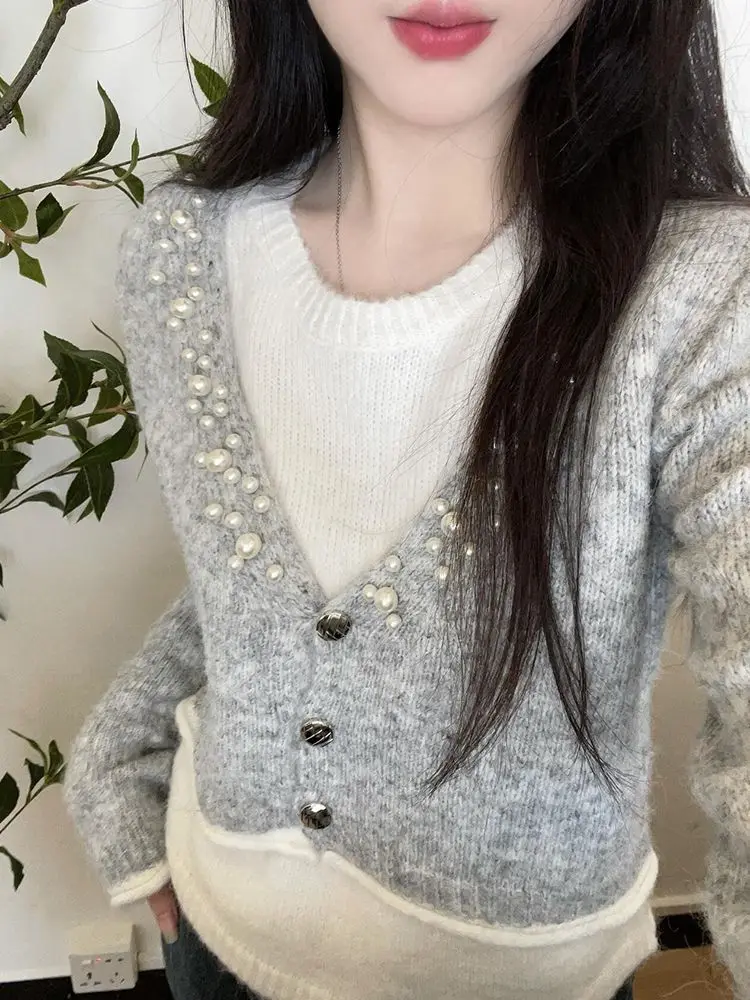 

Модный тяжелый кардиган с бисером, пальто, женские осенне-зимние новые свитера Mujer Y2k, вязаные топы из двух предметов с длинными рукавами