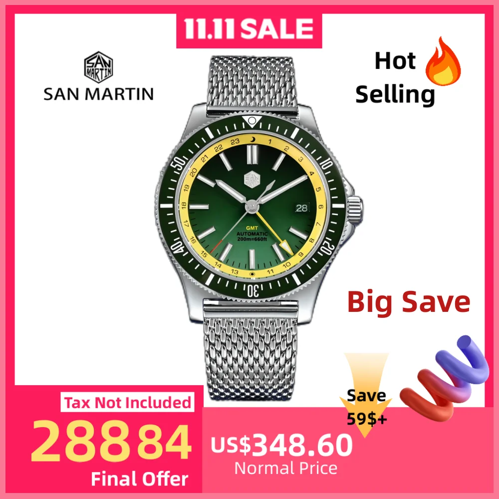 

San Martin Original 41mm GMT 3H Date Automatic NH34 Wristwatch Mesh Bracelet Sapphire 200m Waterproof Relogios Masculino SN0119