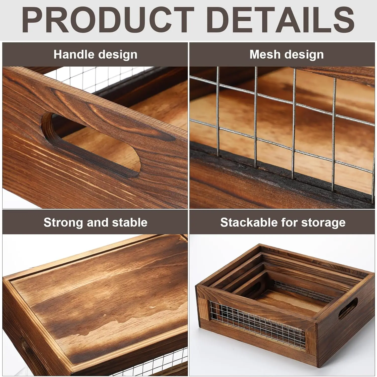 

4 Pcs Wooden Nesting Countertop Baskets Set 4 Size Wooden Storage Box With Handles And Metal Wire Multipurpose Wood Organizer