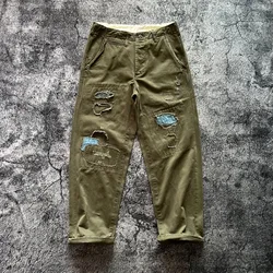 Amekaji Japan Vintage Heavyweight 100% Cotton Worn-out Patched Twill Loose Straight Casual Pants Autumn Men Cityboys Trousers