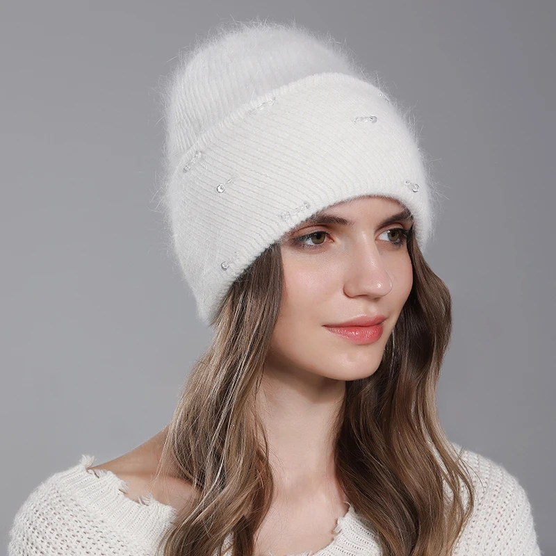 CNTANG New Hat For Women Winter Knitted Angora Rabbit Fur Beanie Fashion With Rhinestone Warm Hats Female Luxury Brand Cap y2k