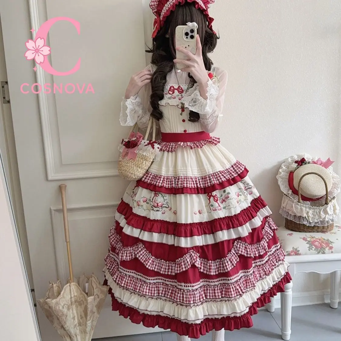 

2026 Classic Country Sweet Lolita Dress Red White Layered Ruffle Skirt Gingham Embroidery Lace Long Princess Cottagecore Outfit