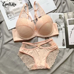 Sujetador de encaje transpirable para mujer, ropa interior Sexy, Bralette de talla grande con realce, conjunto de bragas