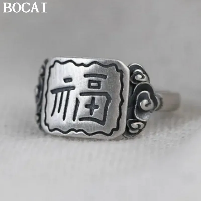 

BOCAI New S925 Pure Silver Vintage Thai Silver Ring for Children Fashion Lucky Word Lucky Cloud Women's Silver Rings