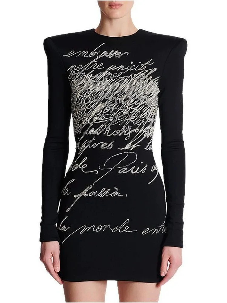 Heavy Embellied Long Sve Slim Fit Elastic Diamond Studded Commute Faion Dr Celebri High Street Sle Polyester Fa...