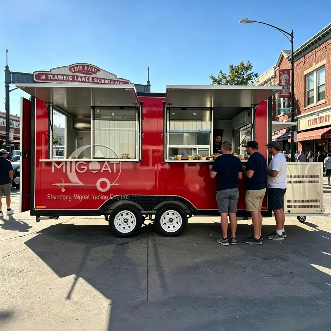 

Square Red Food Trailer Mobile Food Truck with Awning for Outdoor Events Kitchen Equipment for Business Use