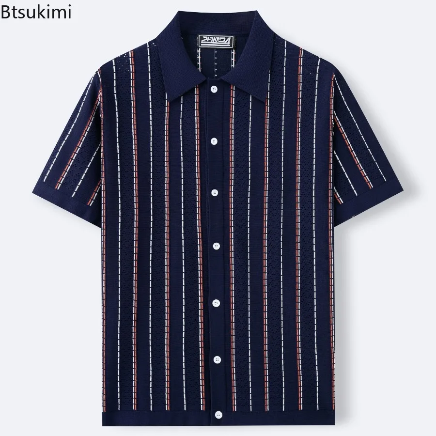 Summer Men's Knitted Cardigans Short Sleeve Striped Polo Shirts Jacquard Business Shirts American Retro Premium Quality Knitwear