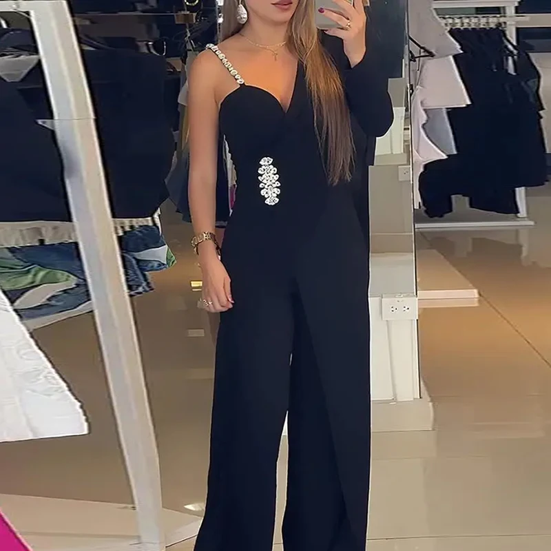 Seksowne kombinezony imprezowe z jednym ramieniem i długim rękawem, eleganckie, błyszczące, zdobione cyrkoniami, jednolite, długie kombinezony, modne, drapowane kombinezony do biura.