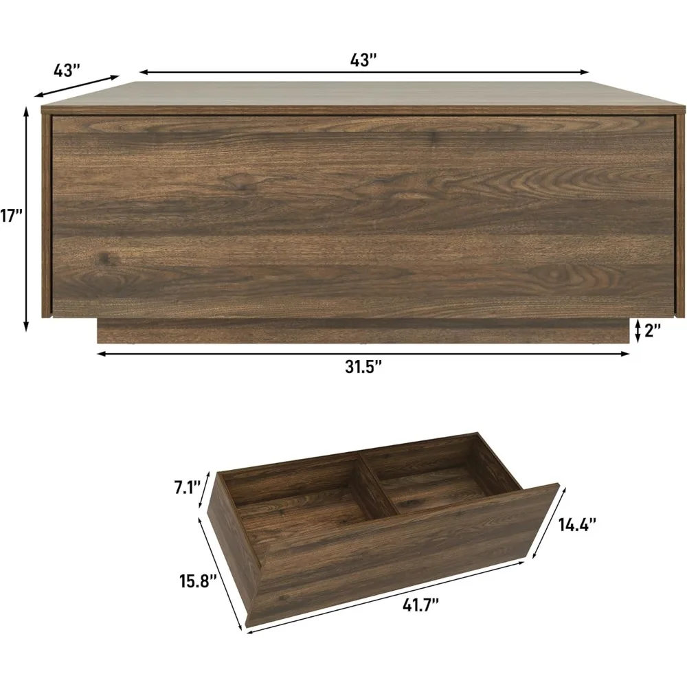 طاولة قهوة مربعة مقاس 43 بوصة مع مساحة تخزين، طاولة مركزية مربعة كبيرة حديثة مع درجين، طاولة قهوة خشبية لغرفة المعيشة، جوز