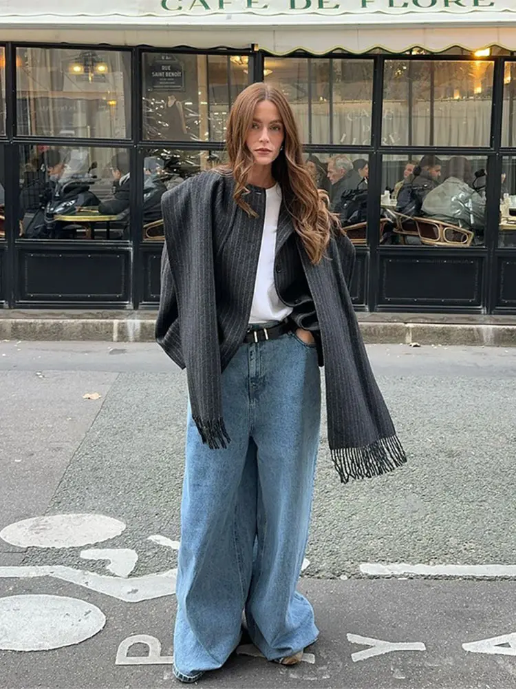 Chaqueta de traje a rayas con bufanda para mujer, abrigo elegante de manga larga con botonadura única, moda Popular, prendas de vestir de otoño, 2024