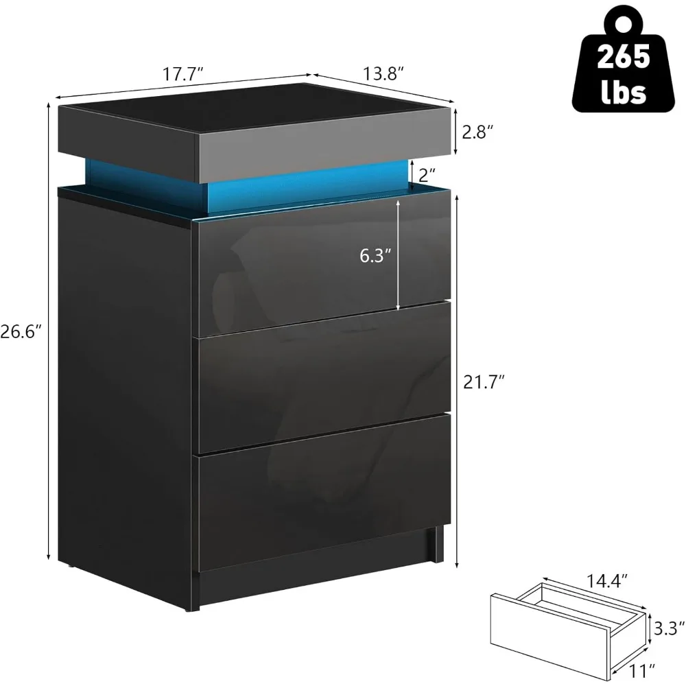 مجموعة منضدة سوداء مكونة من قطعتين مع أضواء LED، وحامل ليلي ذكي مع مساحة تخزين قابلة للطي، وطاولة بجانب السرير مع 3 أدراج شديدة اللمعان، وضعية #3