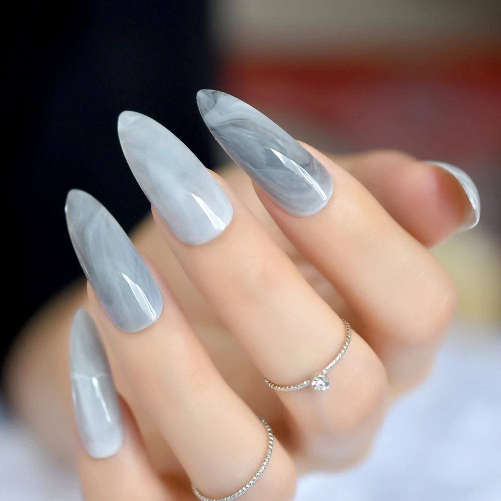 Extra lange grijze marmeren stiletto kunstnagels tips ovaal scherp uiteinde stiletto's nep nagel ABS kunstmatige DIY gel nail art tips