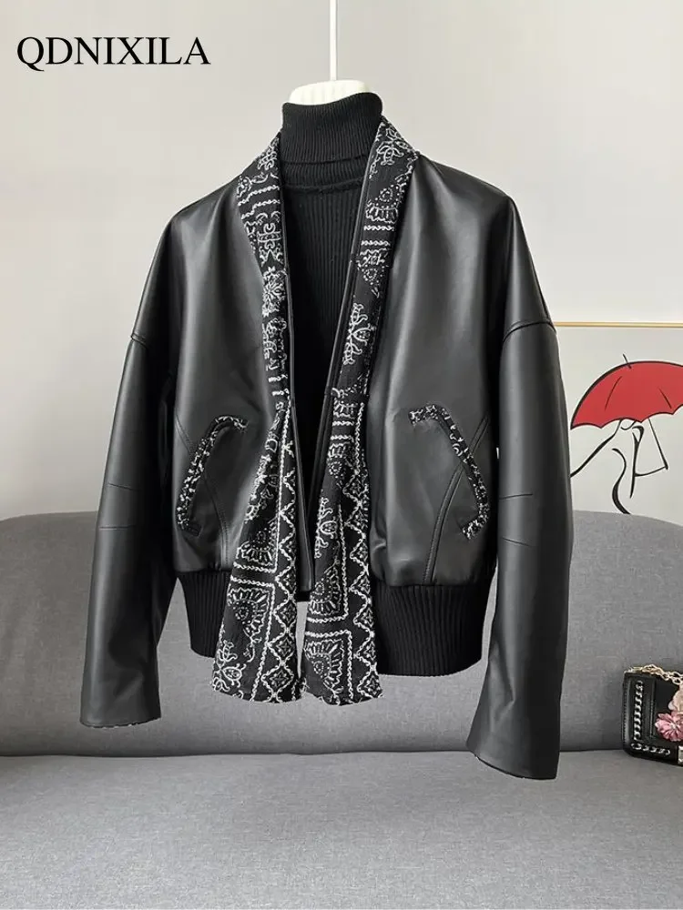 Women's Black Imitation Sheepskin Leather Jacket, Short Outerwear, Casual Coat, Spring, New, 2024