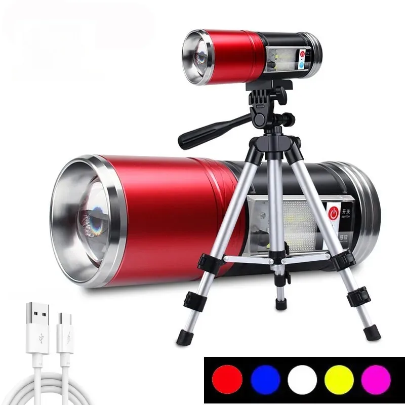 Super Bright LED Night Fishing Flashlight Induction Side Light USB Charging Purple Blue Light Torch 5 Light Source With Bracket