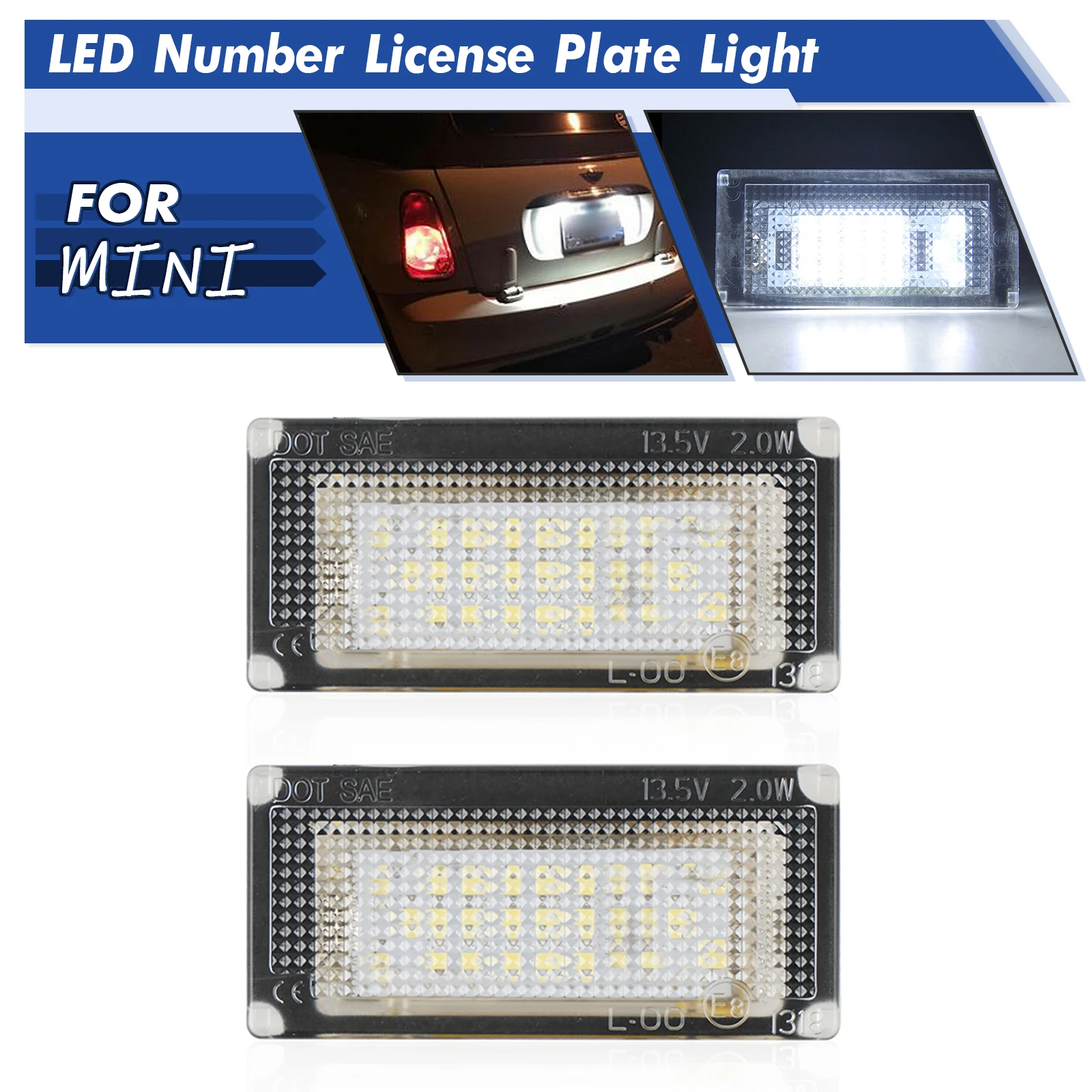 

BEVINSEE 2pcs LED License Plate Light Lamp For Mini Cooper S R50 R52 R53 2002-2008 Error Free 6500K White 12V