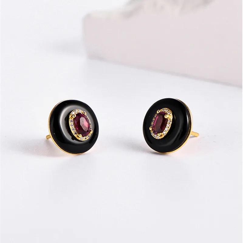 Black Agate Red Garnet 925 Sterling Silver Stud Earrings For Women 2023 New Simple Minimalism Gemstone Small Earrings Gift