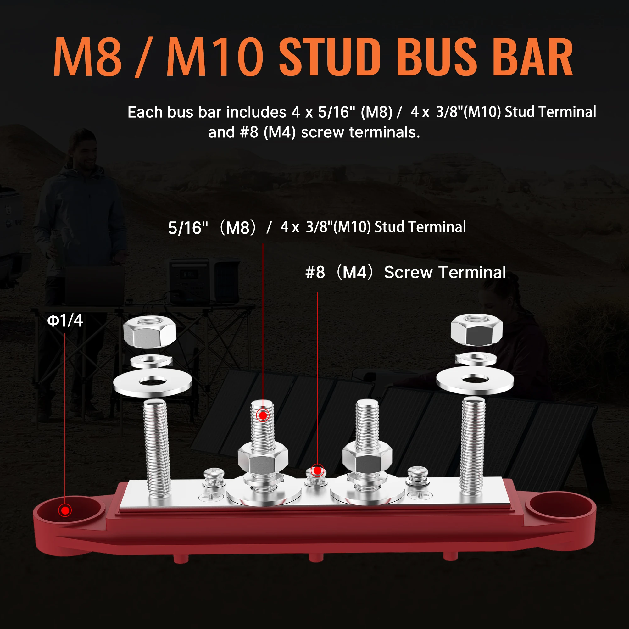 Bus Bar 12V 250A Power Distribution Block 4 X M10 / M8 Studs Marine Bus Bar 12 Volt Battery Busbar Terminal Block for Car Boat