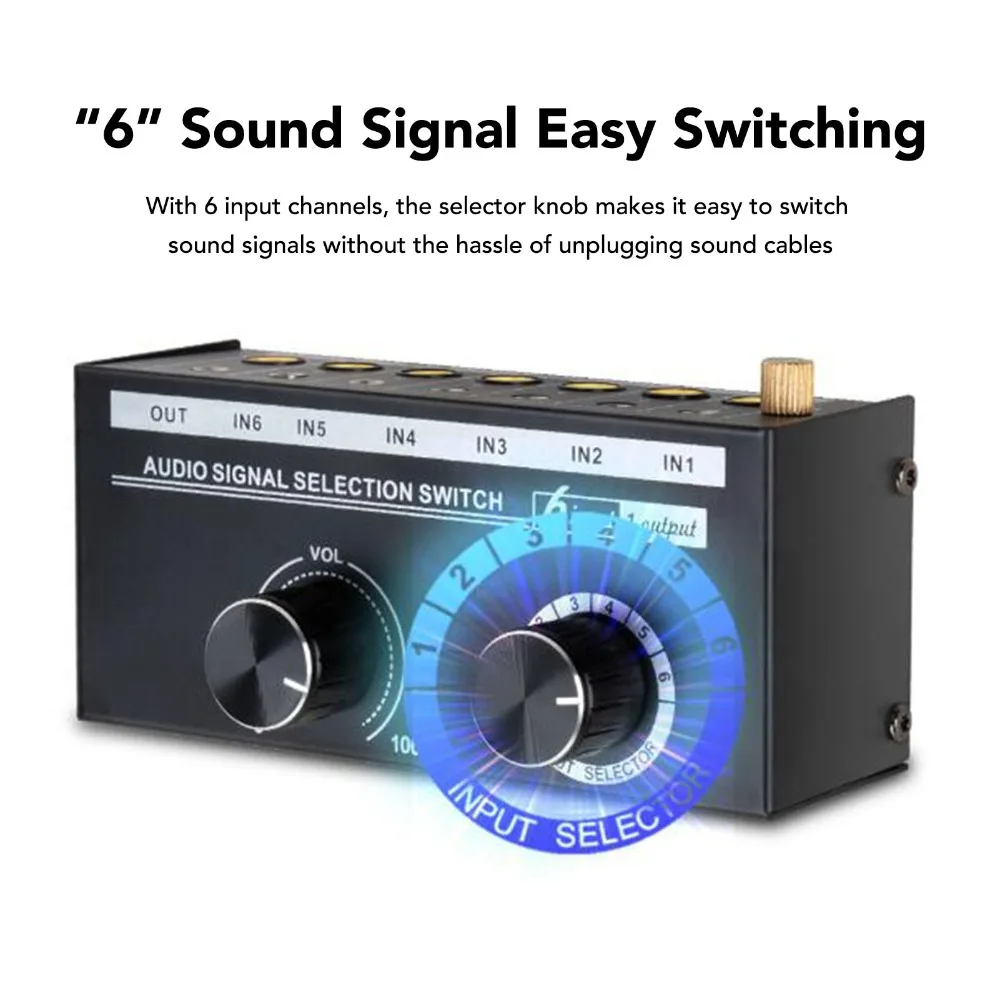 6 Input 1 Output 6 Way Sound Switcher with Volume Control Knob 3.5mm & 6.35mm Dual Interface Audio Selector Switcher