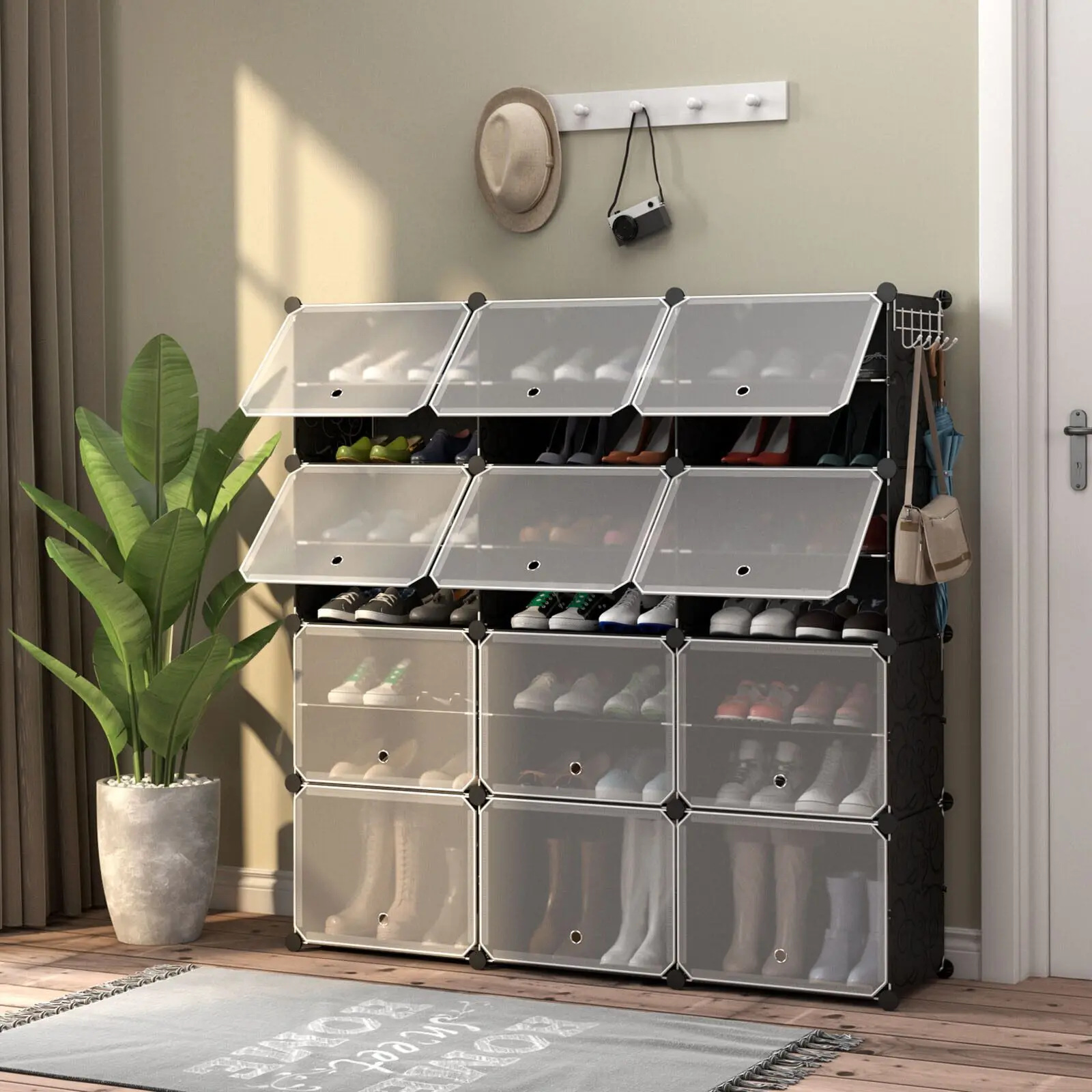 48-pair-portable-shoe-rack-12-compartment-shoe-cabinet-with-removable-shelves-includes-5-hooks-and-12-cabinet-doors
