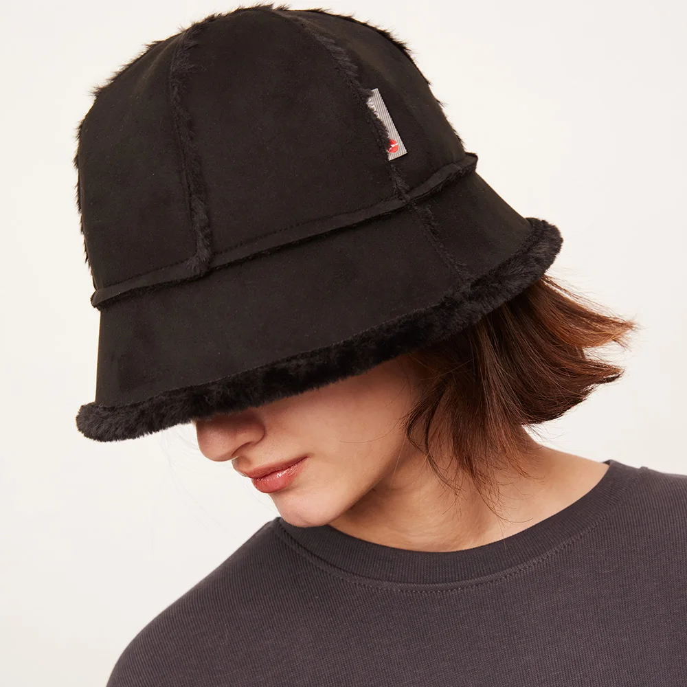 OhSunny Winter Double-sided Bucket Hats Women Solid Color Warm Faux Rabbit Fur  Antistatic Suede Fleece Ladies Panama Cap