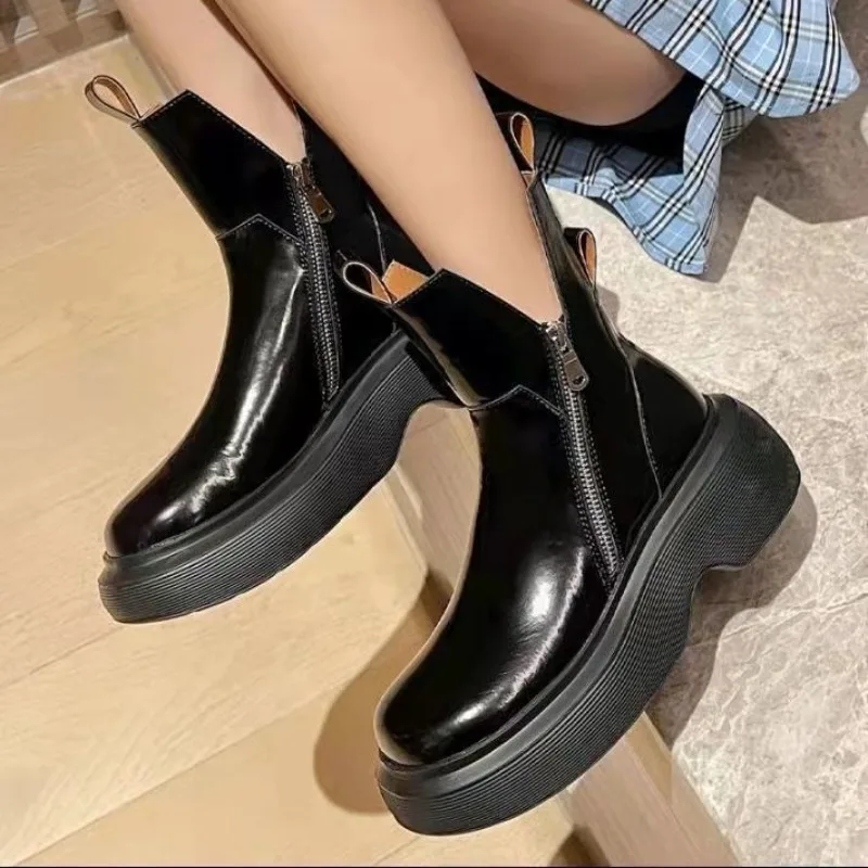 Round Toe Footwear Leather Black Winter Knee High Shaft Platform Biker Long Shoes for Women Ladies Boots 2024 New Waterproof Hot