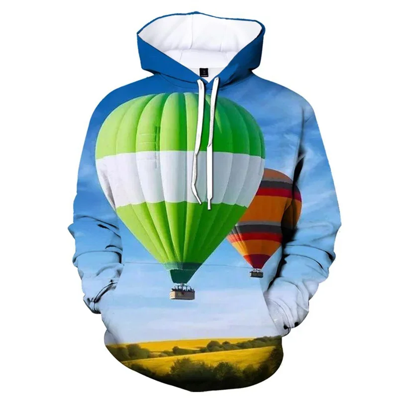 Colorful 3D Print Hot Air Balloon Hoodie Men Fashion Casual Hooded Pullovers Long Sleeves Sweatshirt Street Top Coat Clothes
