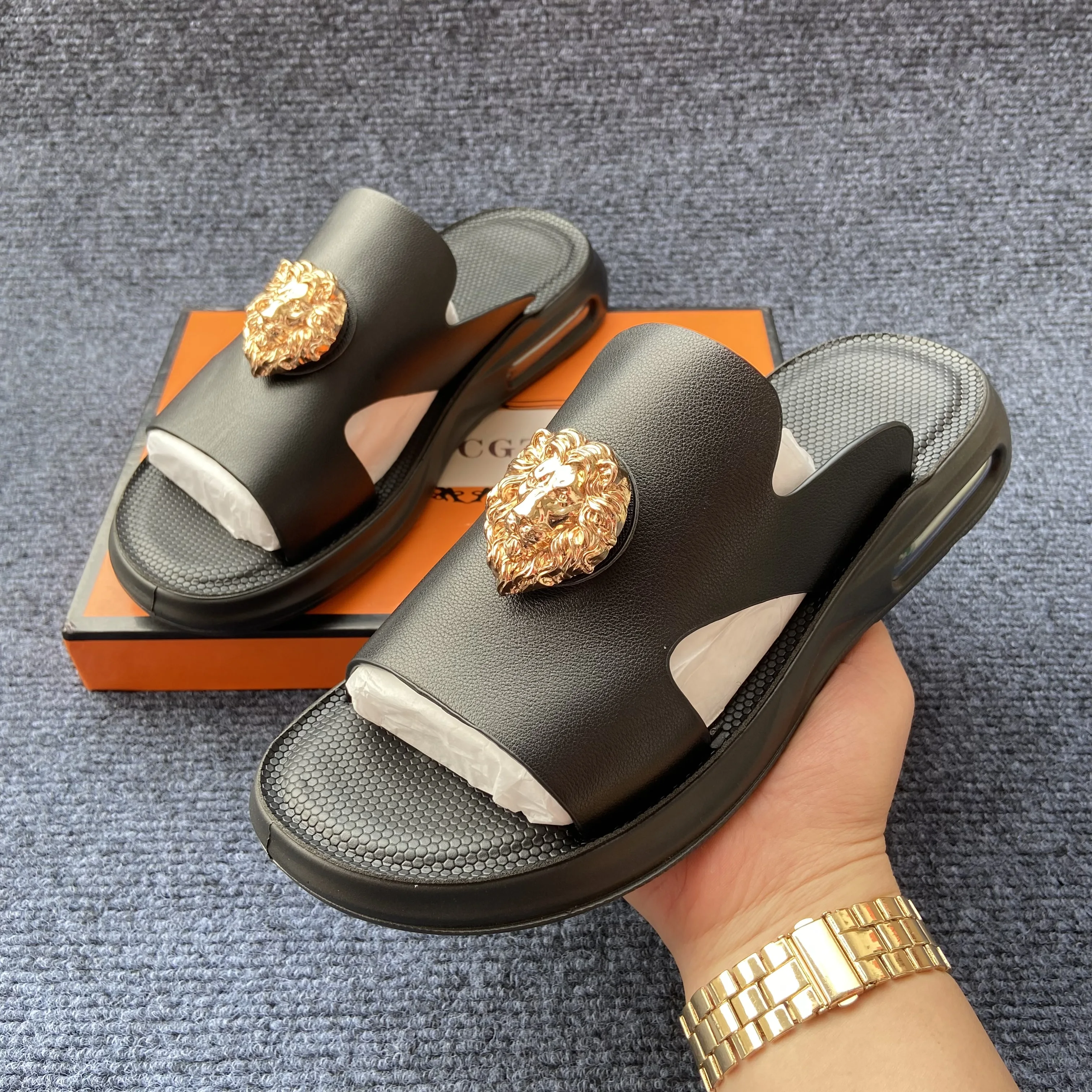 

Lion Head brand shoes original men's slippers leather black platform designer shoes for man slides chinelo slide 38-44