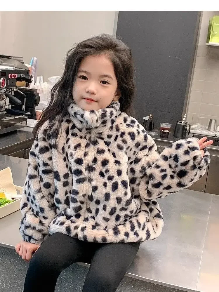 Children\'s Coat Faux Leather Jacket with Leopard Print 2024 New Girls Korean Winter Loose and Thickened Baby Plush Tops