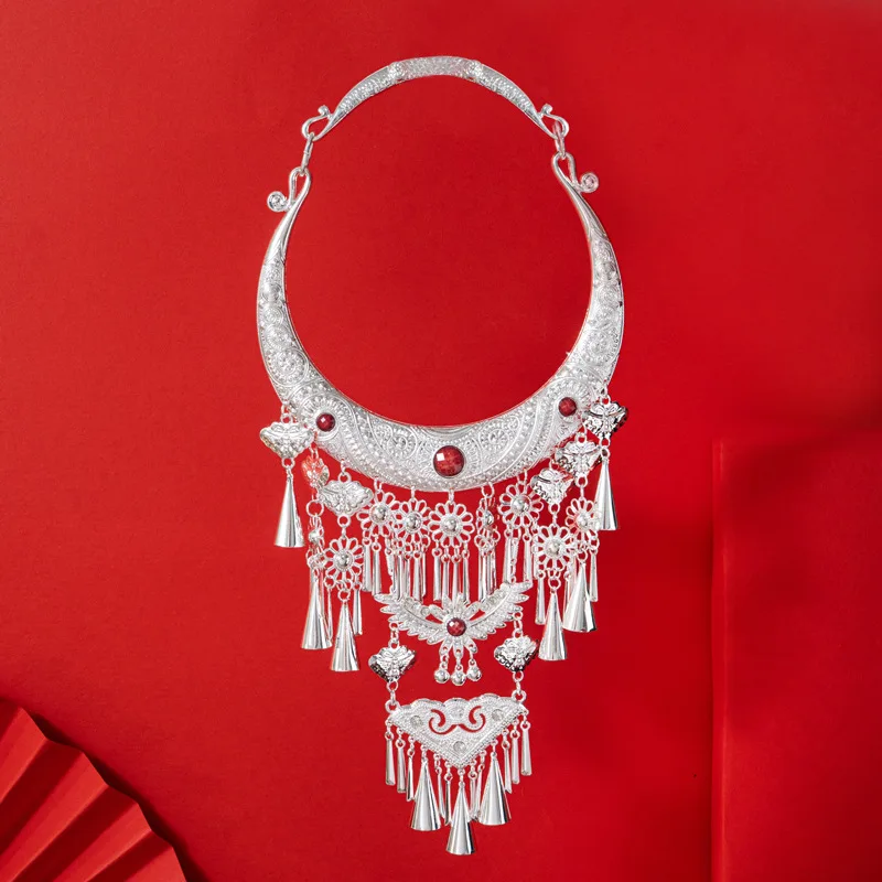 large collar silver necklace minority style Miao silver long tassel Guizhou Dong dance performance accessories