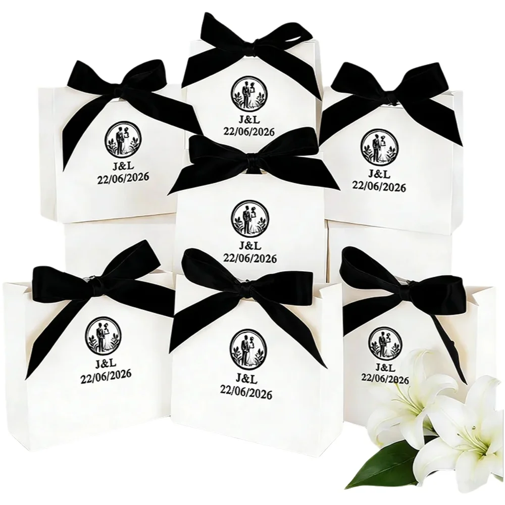 10 boîtes cadeaux personnalisables de petite taille avec nom, date et nœud papillon, logo estampé or pour mariage, fête de mariage, boîtes de faveur