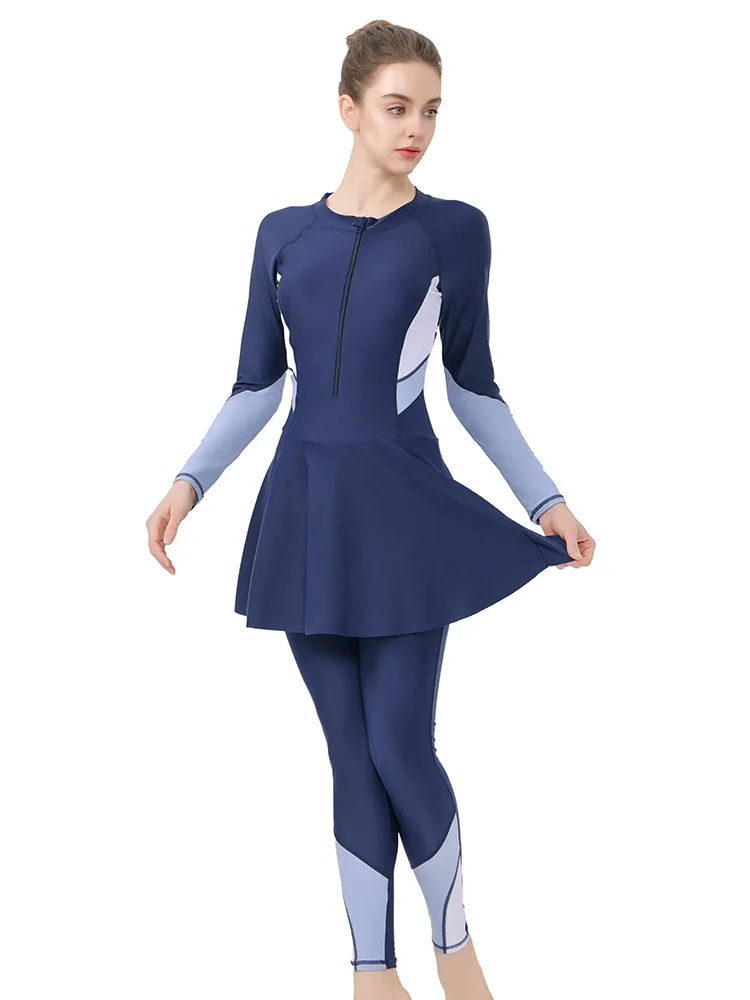 

One-Piece Swimsuit Women Long Sleeve Conservative Dive Suit Color Block Slimming Dress Style Modest Swimwear Women Burkini