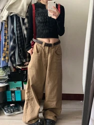 QWEEK Vintage Baggy Pants Women Y2K High Waist Loose Casual Trousers Khaki Korean Streetwear Straight Wide Leg Cargo Jeans