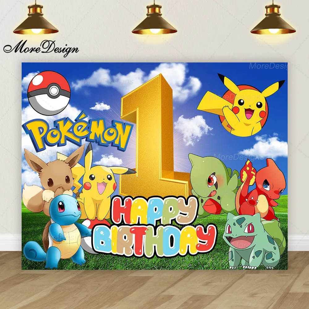 Pokemon Photo Backdrop Kids Birthday Party Decoration Cartoon Cute Pikachu Vinyl Polyester Fabric Background Banner