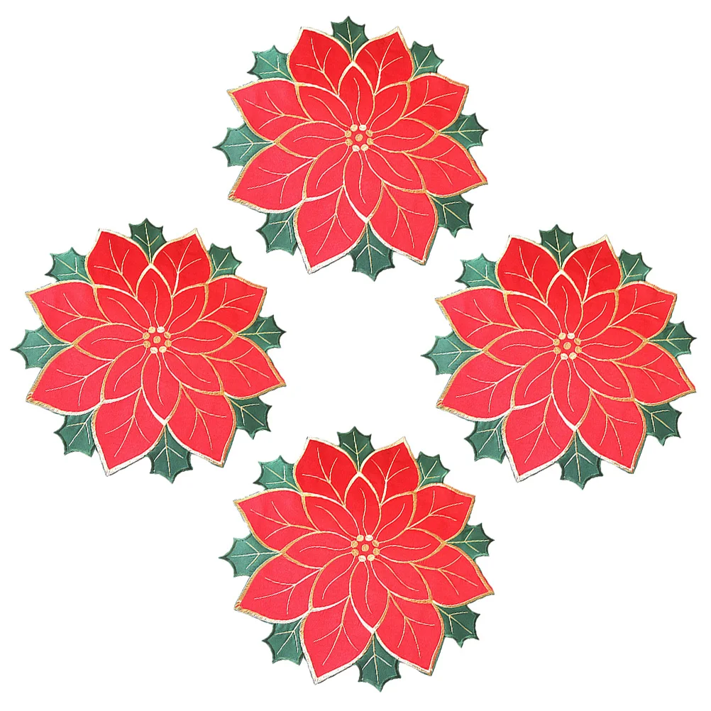 

4Pcs Christmas Embroidered Placemat Poinsettia Decorative Table Insulation Dinner Mat Party Tableware Poinsettia Placemat