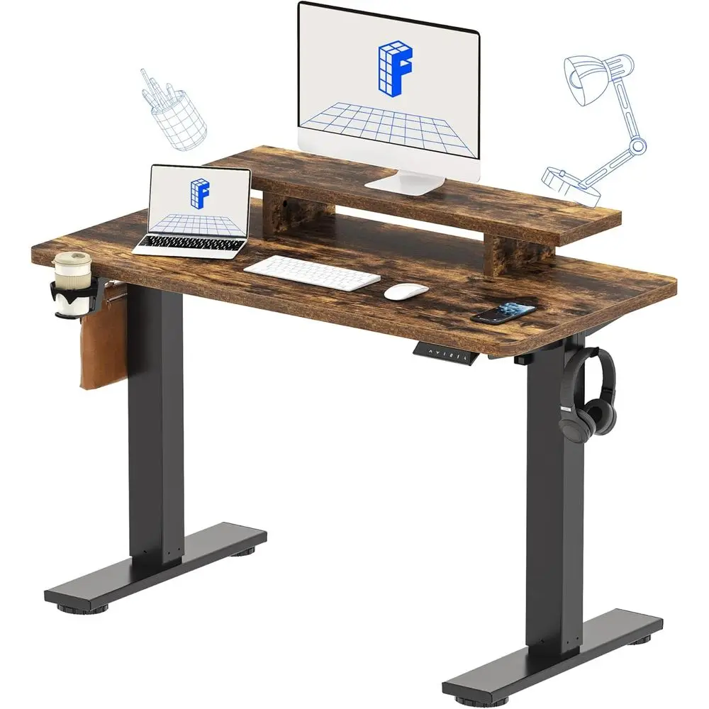 

48 x 24 Electric Height-Adjustable Desk with Cup Holder, Rustic Style for Home or Office