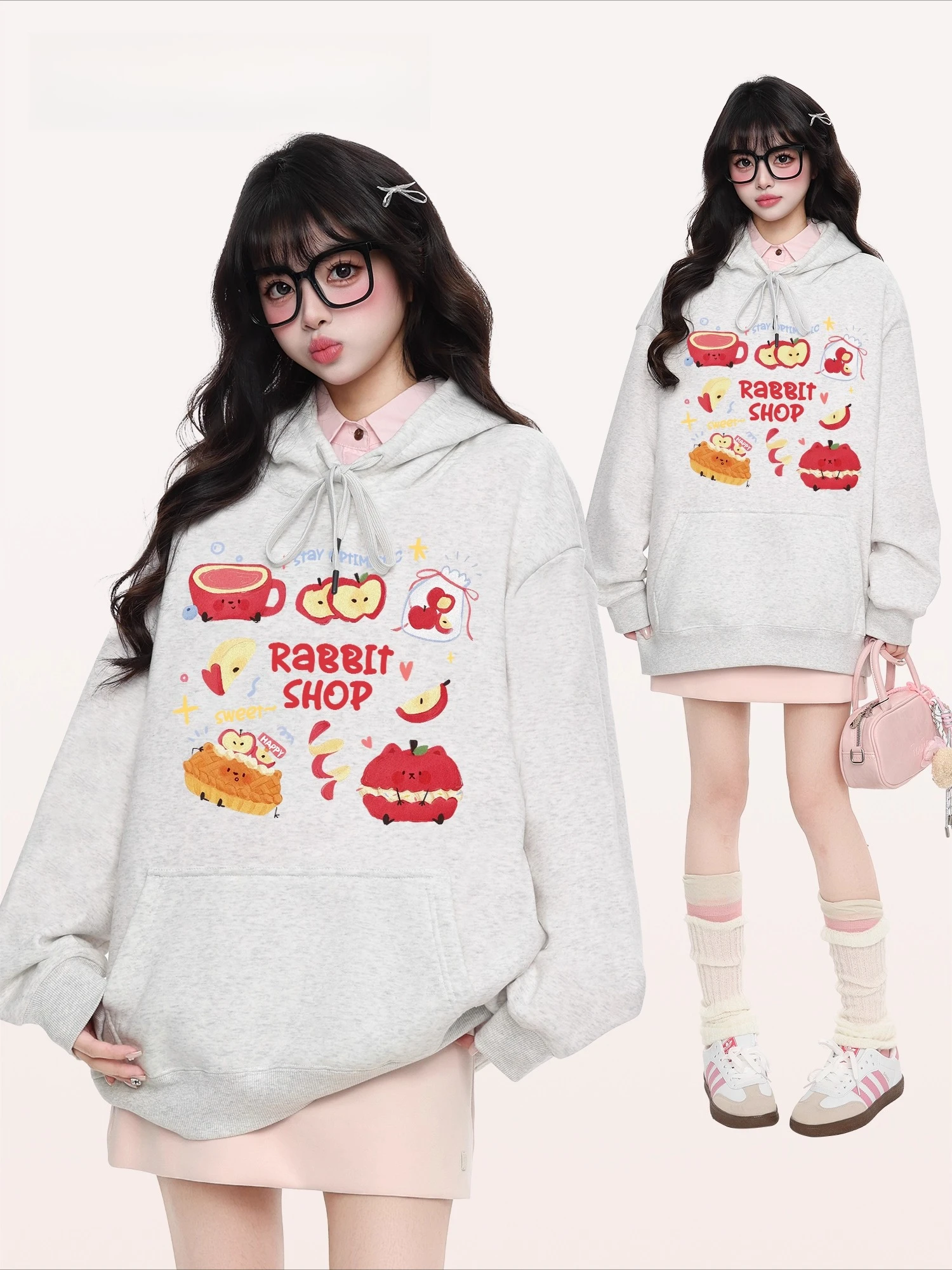 2025 Autumn Winter New Fun Apple Print White Apricot Hoodie Korean Style Loose Versatile Blue Black Wine Red Velvet Top