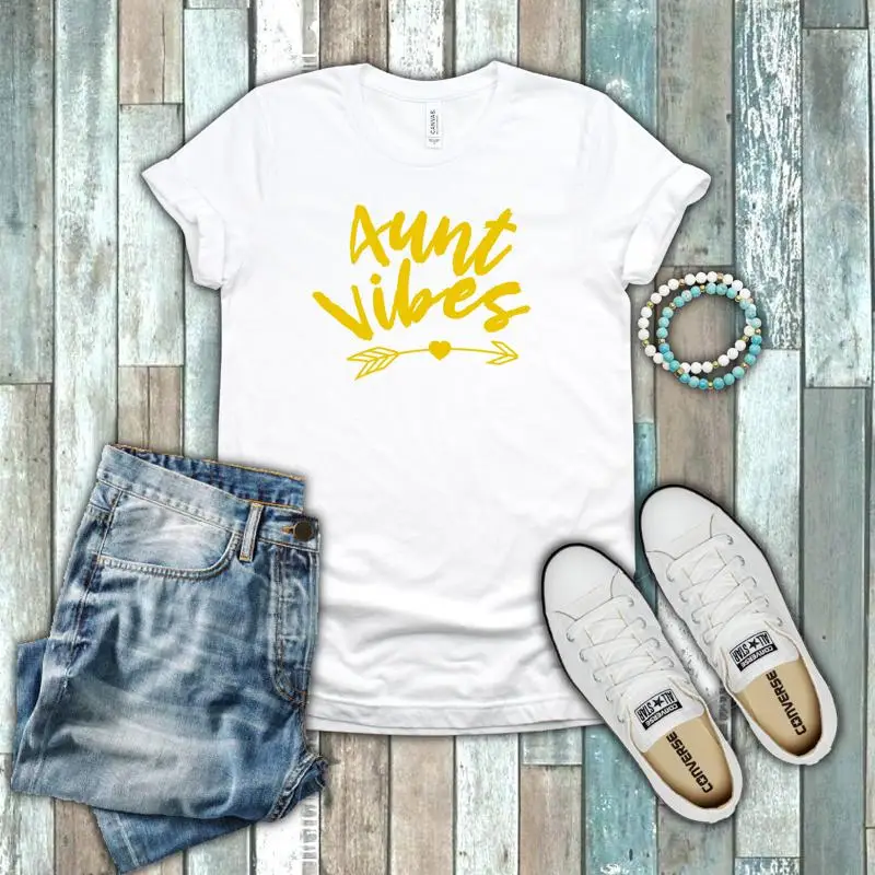 Желто-белая хлопковая футболка из 100% хлопка Aunt Vibes Auntie Love Sister Family