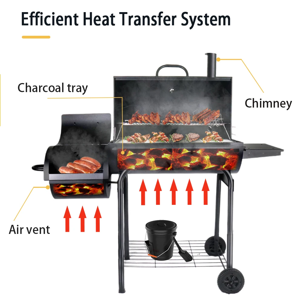 Commercial Modern Steel Offset Smoker, Portable Charcoal Grill with Large Cooking Area for Outdoor Backyard Party BBQ Cooking