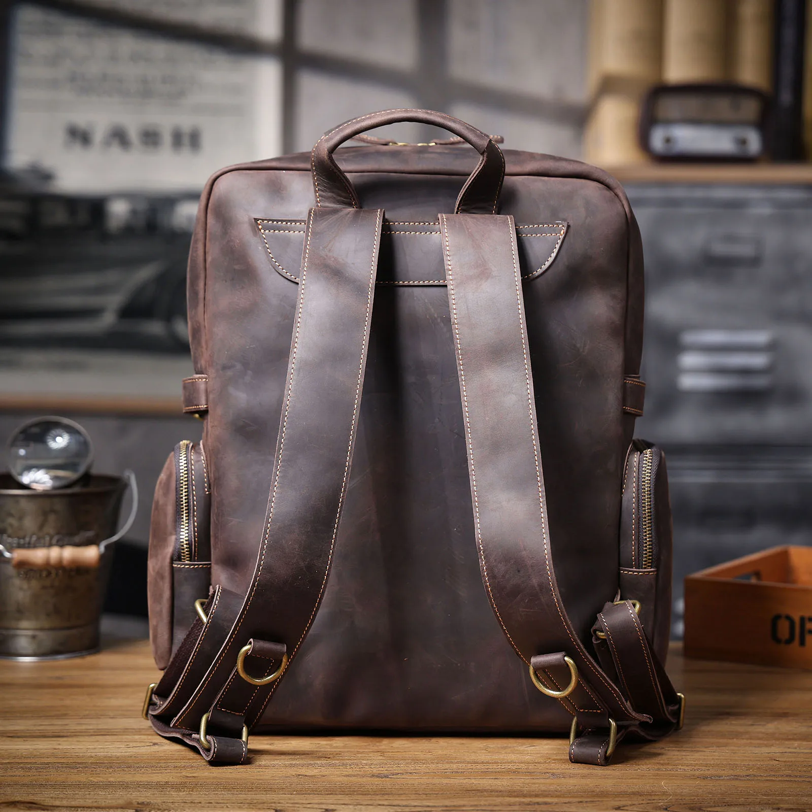 S.WORKER Vintage Echtleder-Rucksack Laptop-Tasche Casual Crazy-Horse-Leder Schultasche Outdoor-Reise-Weekender-Tasche – Detail 11