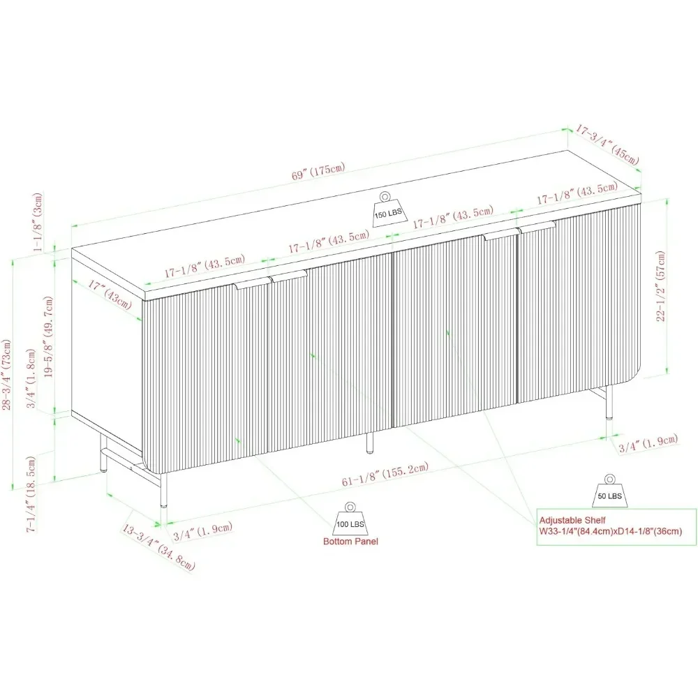 Sideboard Cabinet, Adjustable Shelves for Customizable Storage, Middle Leg for Added Stability, Livingroom Cabinet