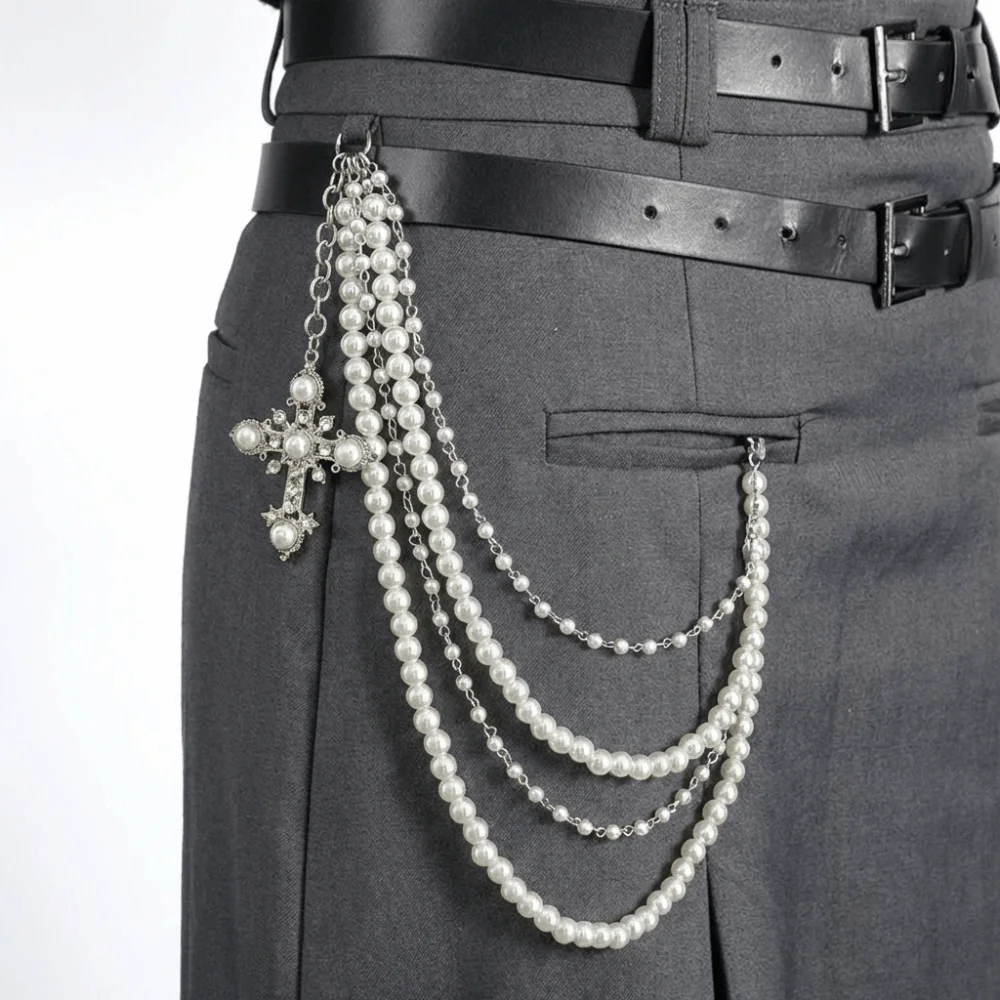 Fashion Punk Rock Cross-shaped Pearl Waist Chains Hip Hop Multi-layer Pendant Pant Chain Metal Y2K Waist Key Chain For Women Man