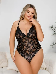 Plus Size One Piece Open Butt Bodysuit Woman Sexy Lingerie Sexi Lace Floral Hollow Out Nightwear See Through Erotic Babydoll