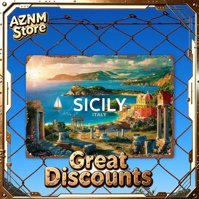 Vintage-Style Sicily Italy Iron Wall Art Sign – Ancient Ruins & Coastal Views,  , Scenic Landscape Decor for Home, Office, or