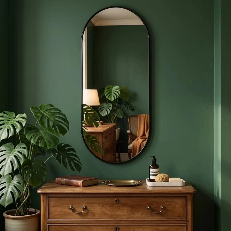 Black PVC frame 16 x 36 inch oval bathroom mirror, modern capsule glass mirror, living room wall mirror