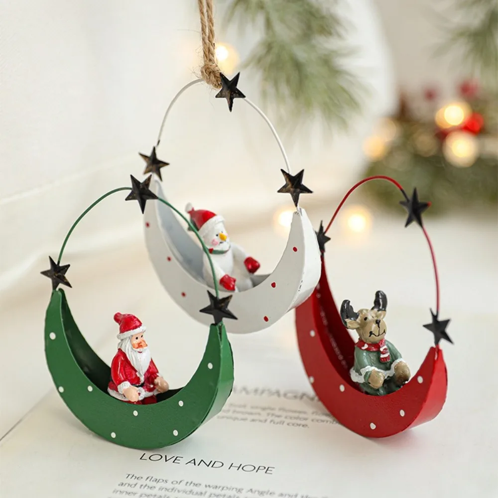 Artistic Moon Boat Hanging Decors Iron Craft Durable Unique Pendant Moon Boat Eye Catching Christmas Santa Pendant