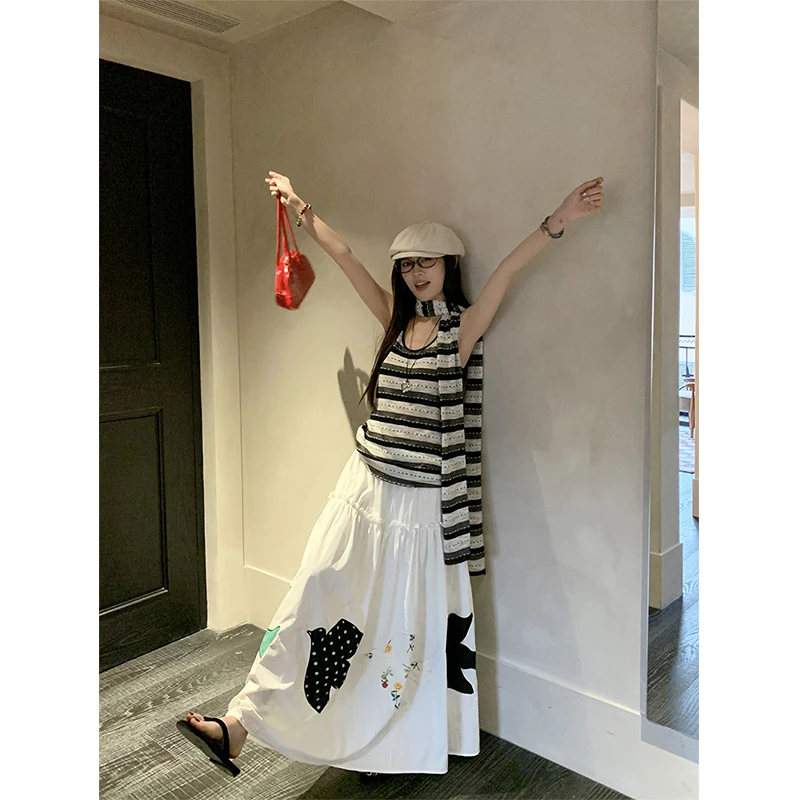 MEXZT Streetwear White Midi Skirt Women Fashion Harajuku Print Skirts Summer Korean High Waist Casual Design A Line Faldas New