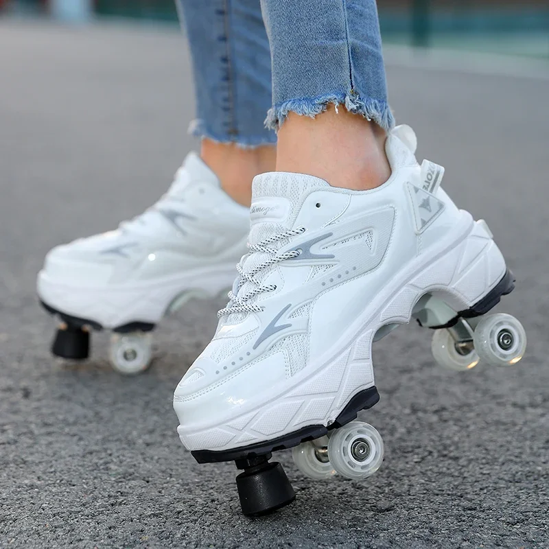 Boys Girls Big Four Wheel Rampage Shoe Lace Brake Roller Skating Shoes with Retractable Wheels Adult Walking Skating Shoe