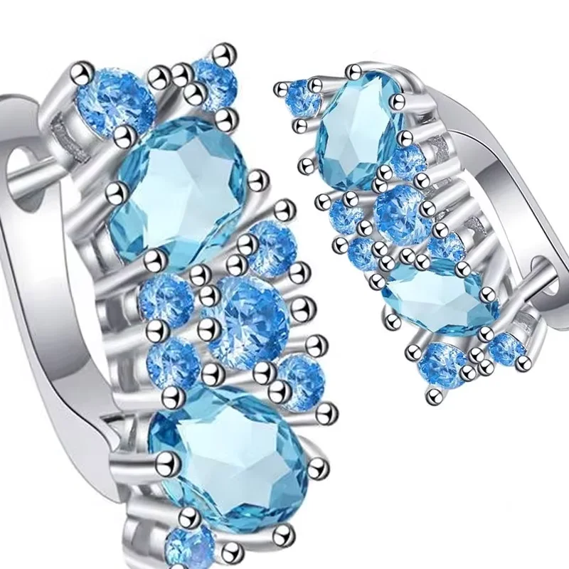 Girl Party Accessories Luxury Crystal Blue Hoop Earrings For Women Jewelry Bright Gift New Arrival Princess S925 Silver Earring